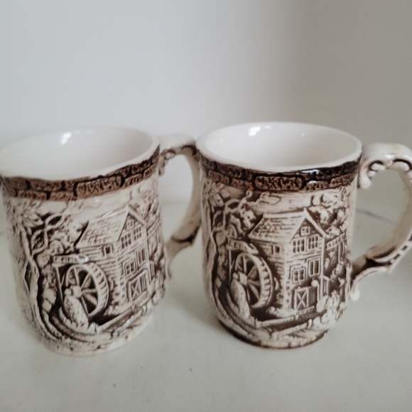 Vintage Country Ceramic Old Mill, Embossed Brick Pattern Japan- 2 Coffee Mugs - Picture 1 of 6